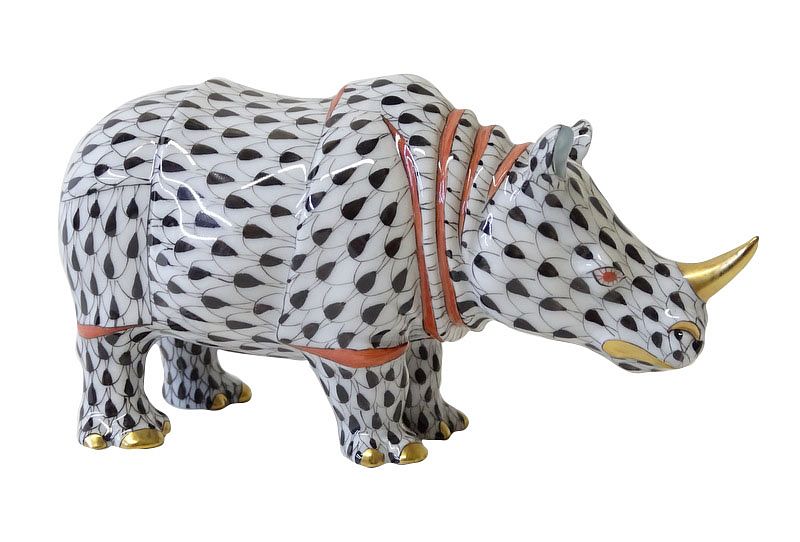 Appraisal: Herend Porcelain Black Fishnet Rhinoceros Figurine Herend Porcelain Black Fishnet