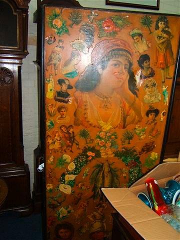 Appraisal: A Victorian three fold scrap draught screen with typical figure