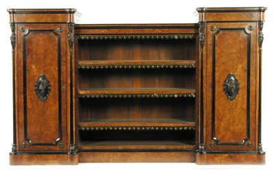 Appraisal: A Victorian burr walnut and ebonised side cabinet the central