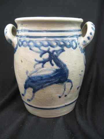 Appraisal: Blue Decorated Stoneware Crock stag decor handled '' excellent