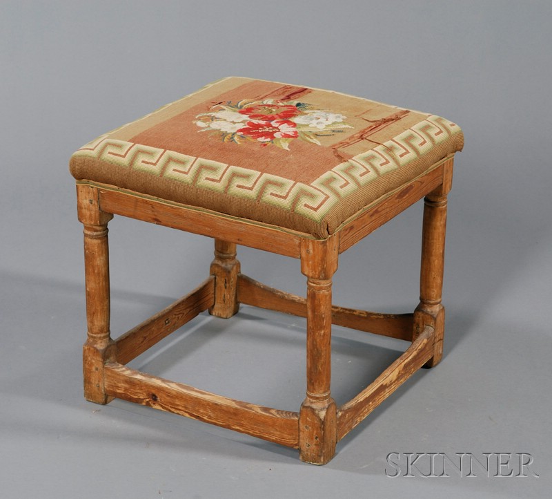 Appraisal: Pine Turned-leg Upholstered Stool th century old surface imperfections ht