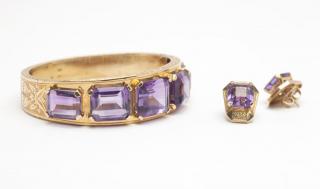 Appraisal: A gold and amethyst bangle with matching earrings K gold