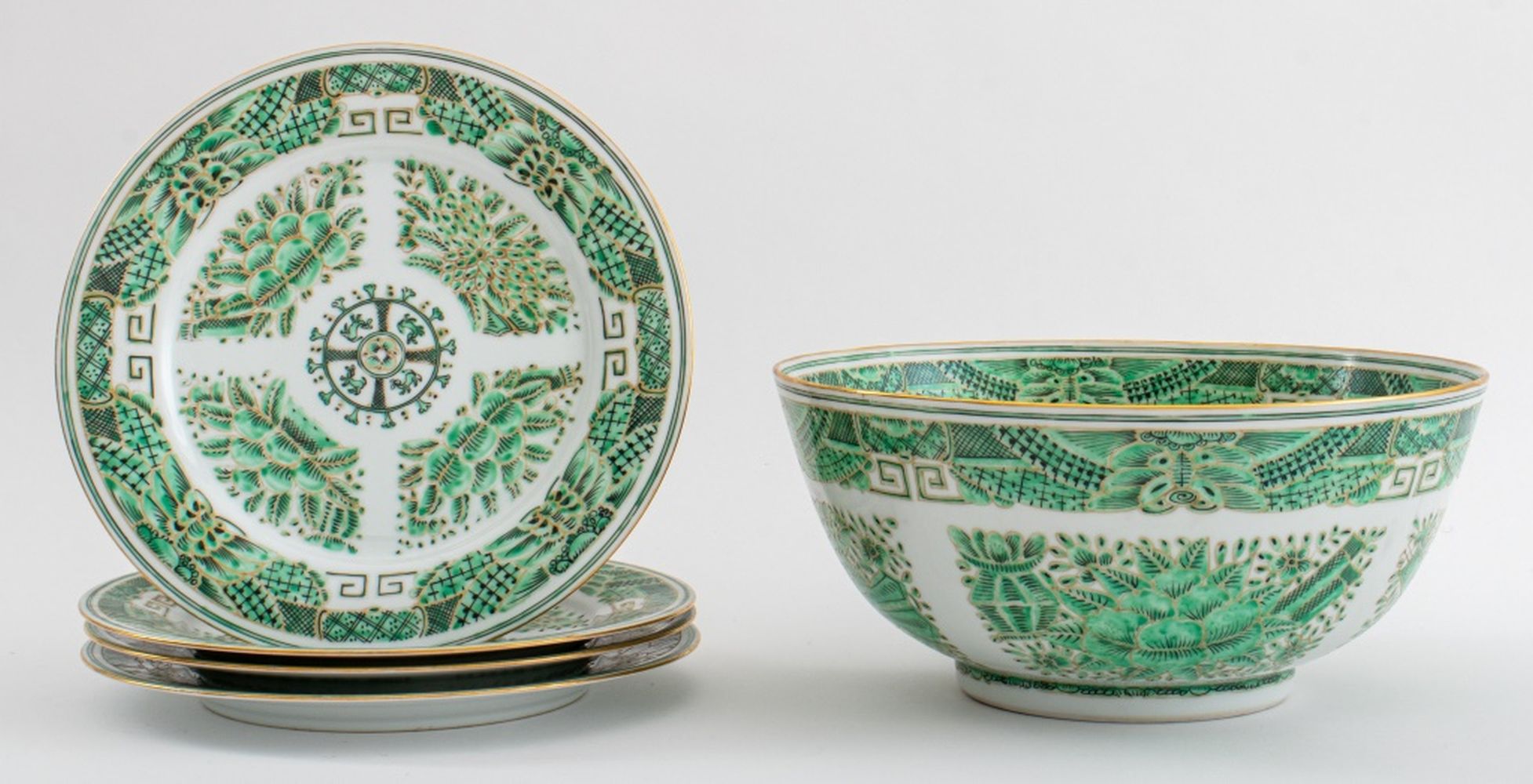 Appraisal: HONG KONG GREEN PATTERNED BOWL AND DINNER PLATES Hong Kong