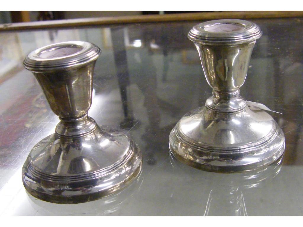 Appraisal: Pair of squat ring banded candlesticks high Birmingham oz