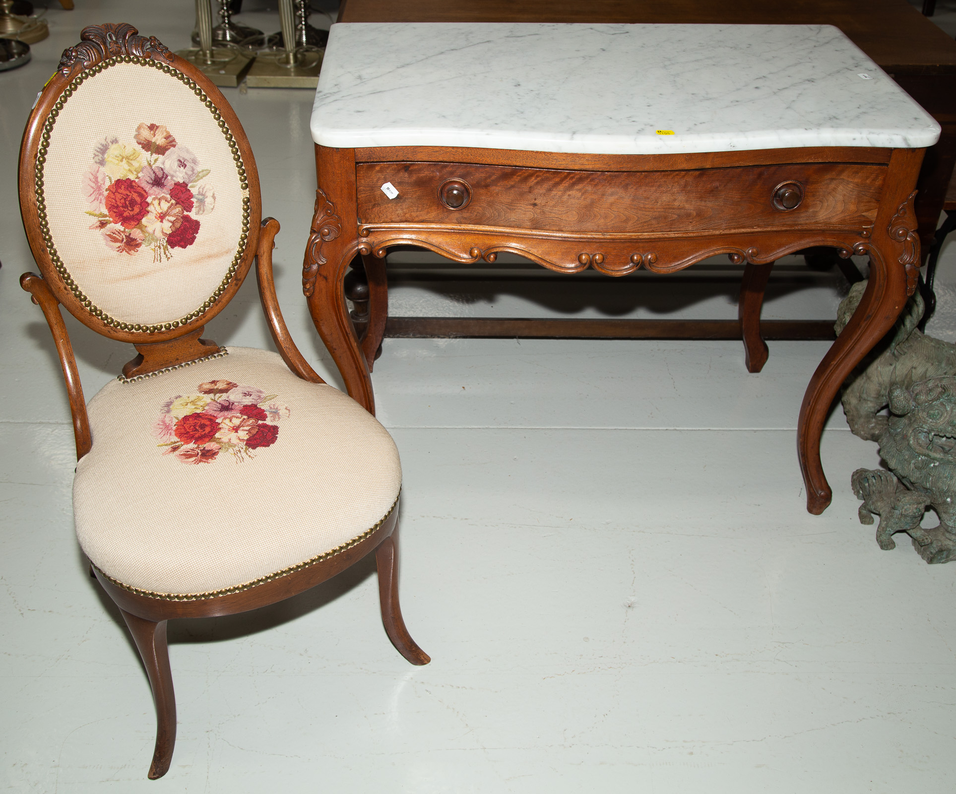 Appraisal: LOUIS XV REVIVAL DESK EMBROIDERED CHAIR Comprising an American carved