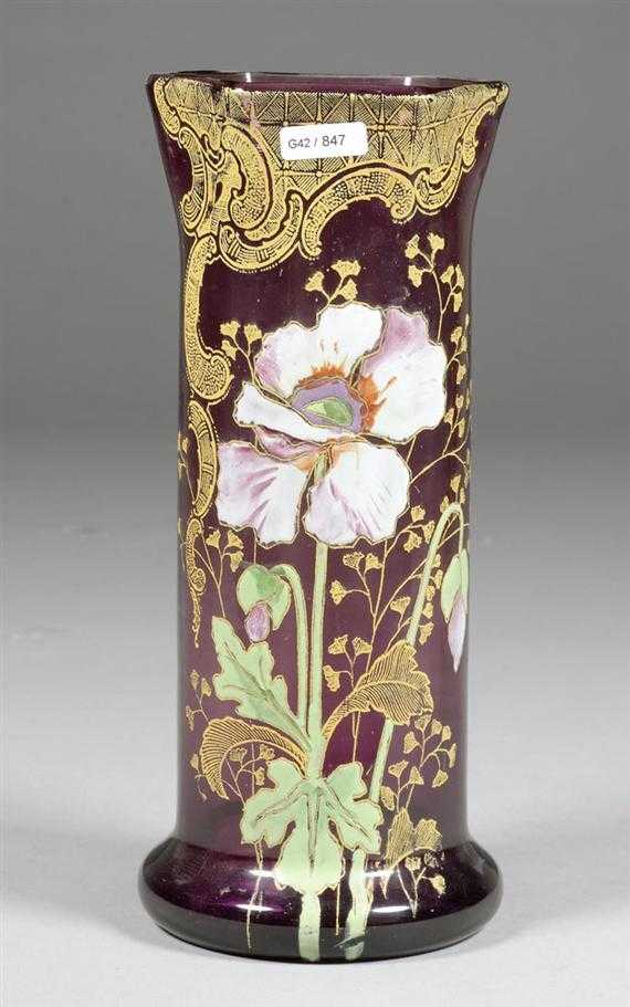 Appraisal: FRENCH VASE circa Violet enamelled glass Crack on base H