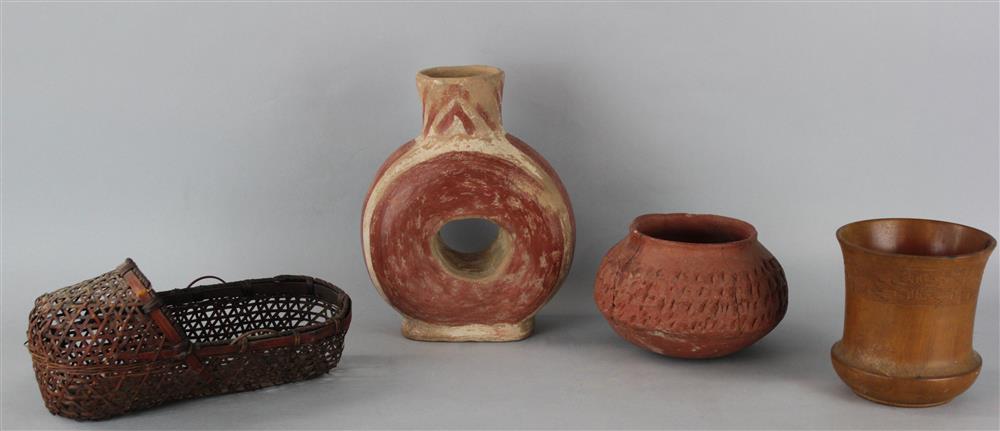 Appraisal: GROUP TO INCLUDE MINIATURE CRADLE-FORM BASKET TWO EARTHENWARE VESSELS AND