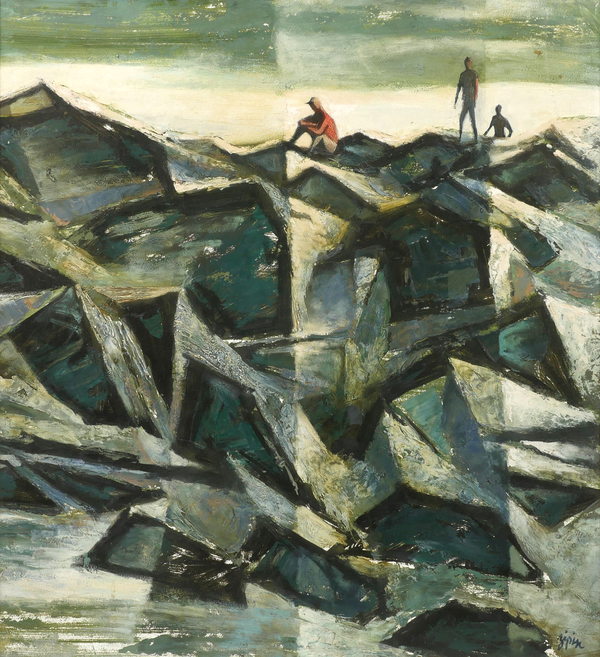 Appraisal: ZIPIN Martin American - Men Fishing on Rocks Cubist Painting