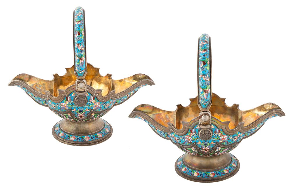 Appraisal: A PAIR OF RUSSIAN FABERGE-STYLE SILVER AND SHADED CLOISONNE ENAMEL