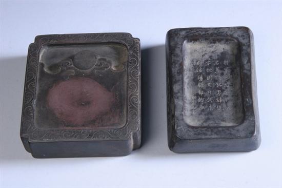 Appraisal: TWO CHINESE PURPLE DUAN INKSTONES Decorated with elephants other with