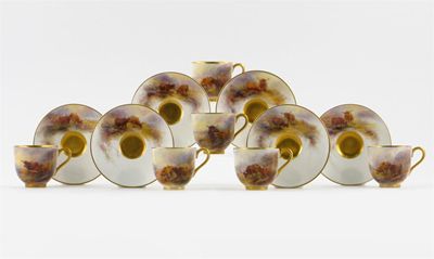 Appraisal: A Royal Worcester coffee set painted by Harry Stinton each