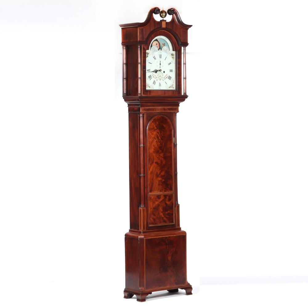 Appraisal: ENGLISH EIGHT DAY TALL CASE GRANDFATHER'S CLOCK IN FIGURED MAHOGANY