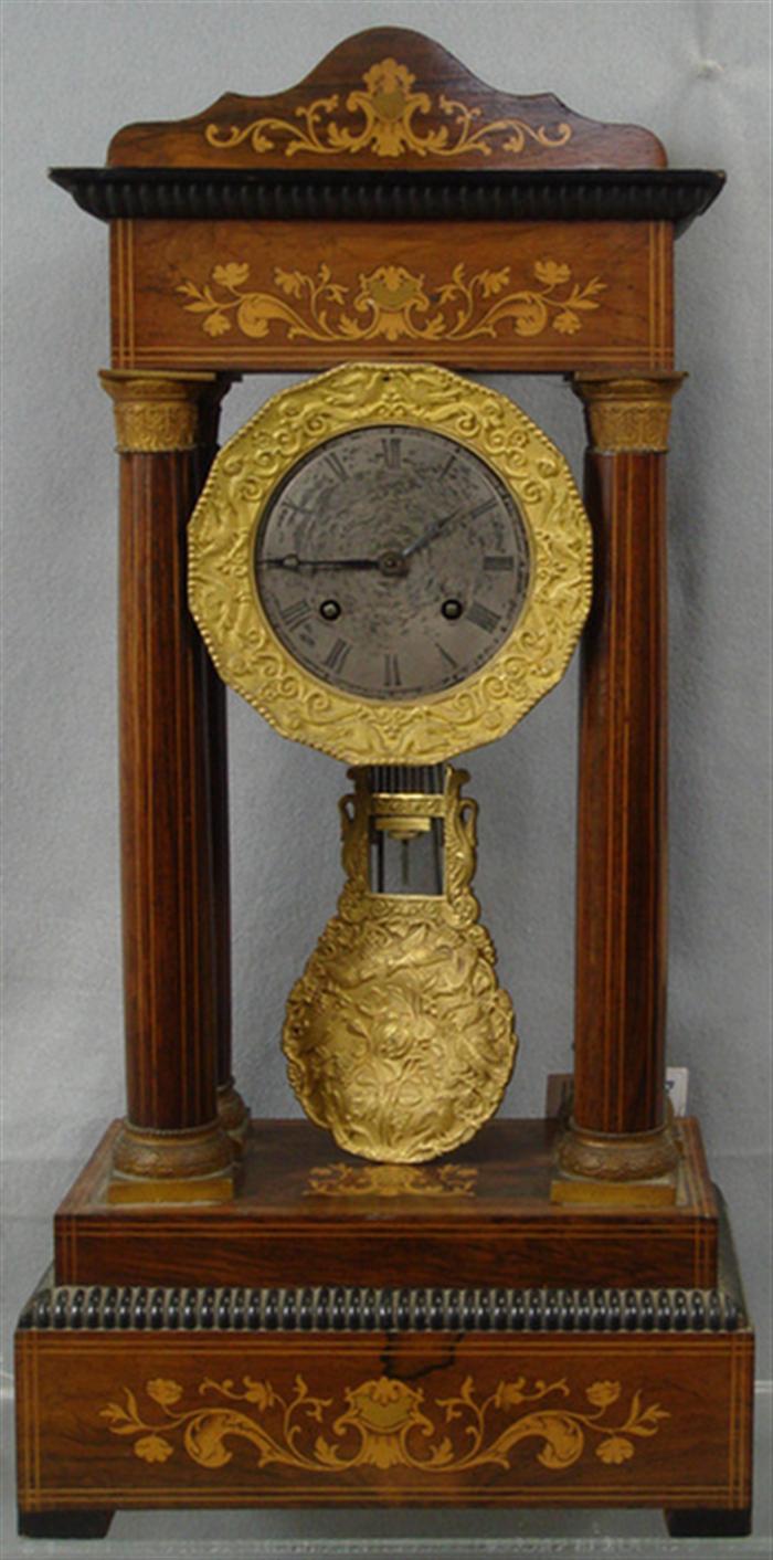 Appraisal: Marquetry inlaid rosewood French portico clock silvered dial with bird