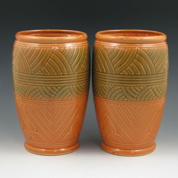 Appraisal: Pair of Robinson Ransbottom deco vases in burnt orange and