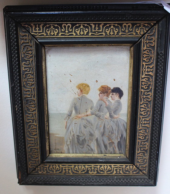 Appraisal: A SMALL DECORATIVE PICTURE of three girls in grey dresses