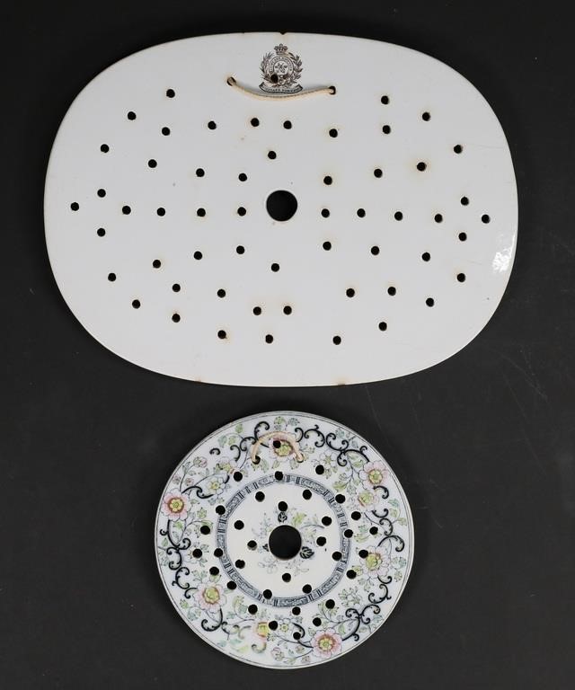 Appraisal: ENGLISH IRONSTONE DRAIN INSERTS English ironstone porcelain drain inserts Circular