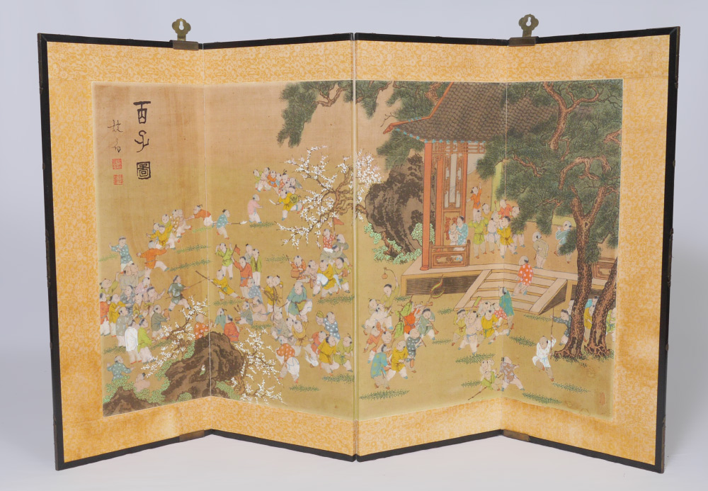 Appraisal: JAPANESE FOLDING WALL SCREEN folding panels hand painted outdoor genre