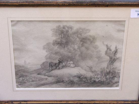 Appraisal: TH CENTURY ENGLISH SCHOOL - Hillside with donkey pencil drawing