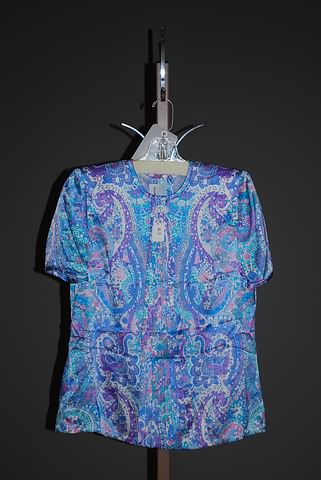 Appraisal: Andr Laug blue pink green short sleeve silk blouse Size