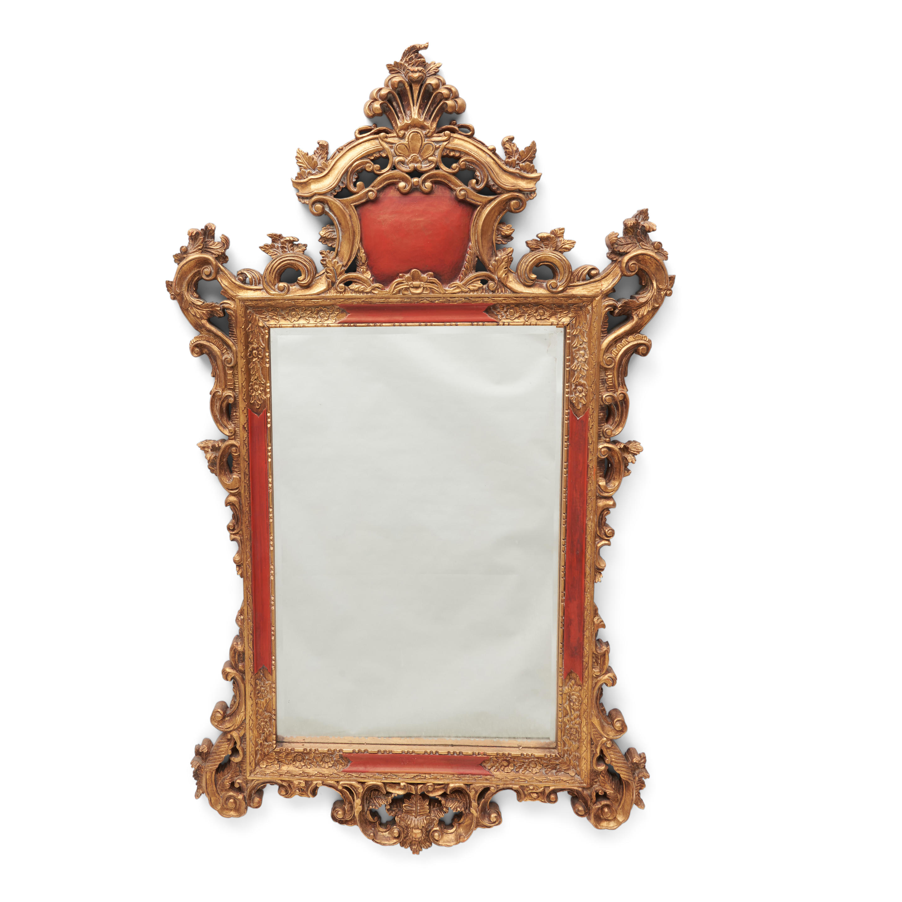 Appraisal: Italian Rococo-style Giltwood and Red-painted Mirror ht wd in