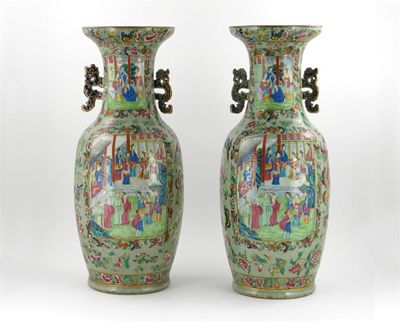 Appraisal: A large pair of Chinese Canton celadon ground vases brightly