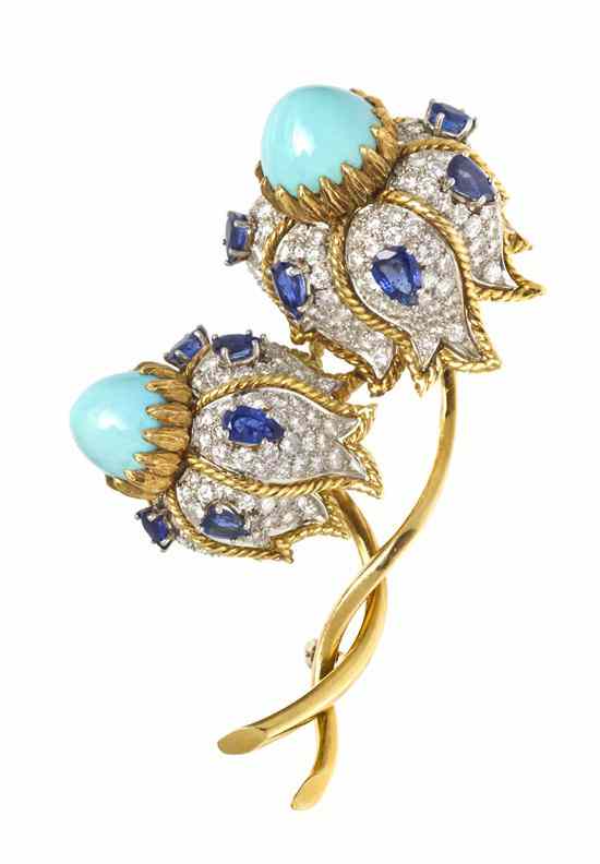 Appraisal: An Karat Yellow Gold Sapphire Turquoise and Diamond Flower Brooch