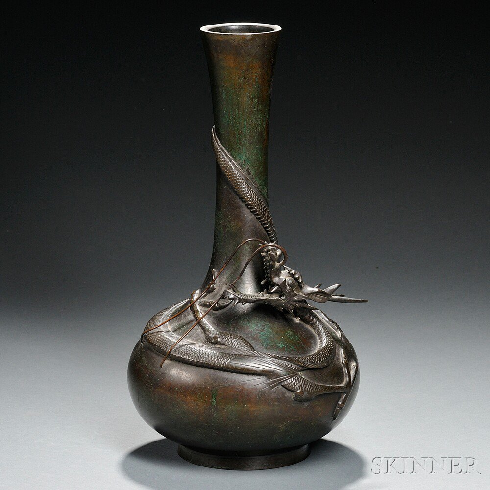 Appraisal: Bronze Vase Japan th century bottle-shape with flattened bulbous body