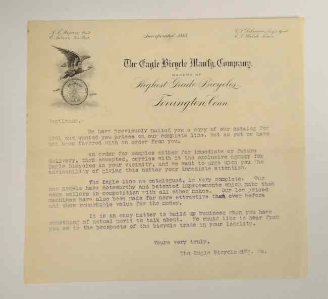 Appraisal: Letterhead The Eagle Bicycle Mfg Co Exc cond