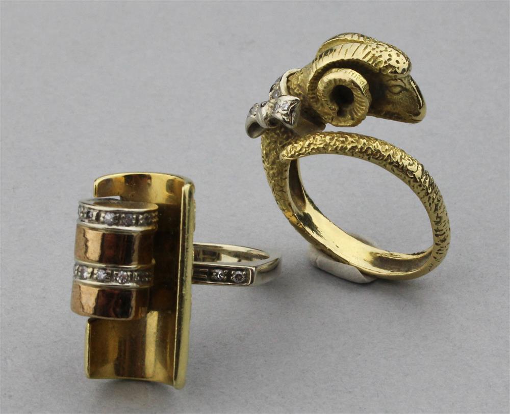 Appraisal: K YELLOW GOLD CAPRICORN RING WITH DIAMONDS AND AN ITALIAN