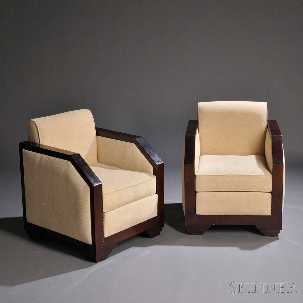 Appraisal: Pair of Art Deco Upholstered Lounge Chairs Hardwood veneer upholstery