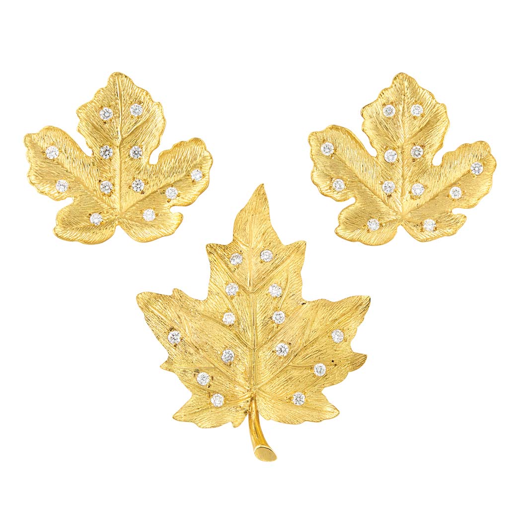 Appraisal: Gold and Diamond Leaf Clip-Brooch and Pair of Earclips Tiffany