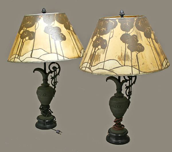 Appraisal: lamps late th century shades circa Each lamp of ewer