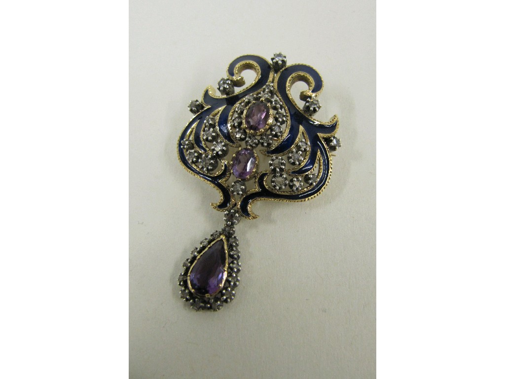 Appraisal: Continental gold brooch with diamonds amethysts and blue enamel decoration