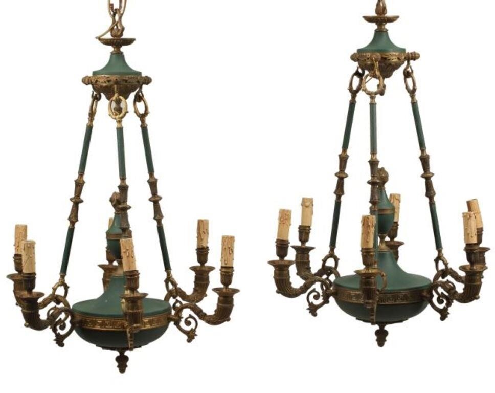 Appraisal: pair Empire style bronze dore and tole six-light chandeliers approx