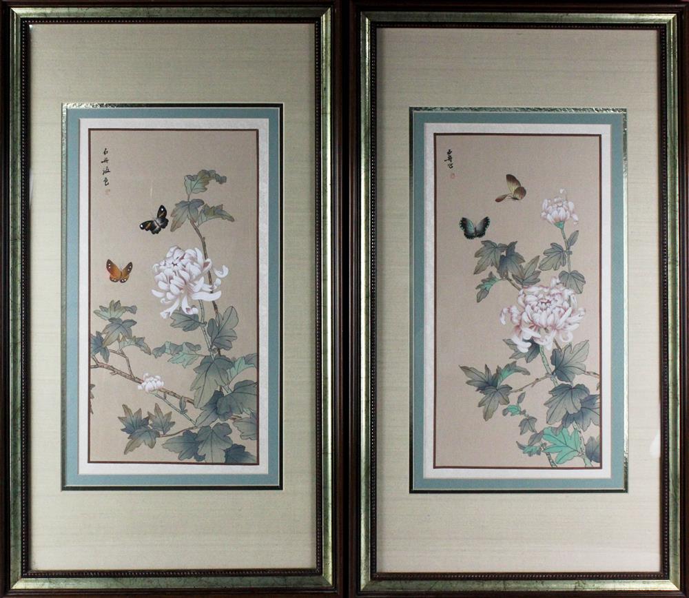 Appraisal: CHINESE SCHOOL THREE PAINTINGS OF CHRYSANTHEMUMS AND BUTTERFLIES Watercolor x