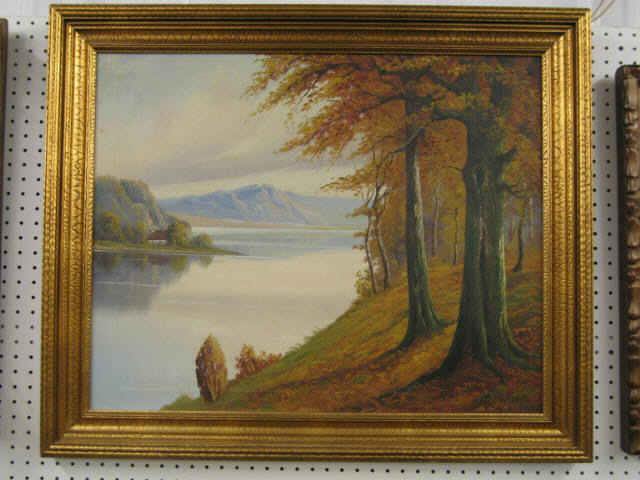 Appraisal: Regler Oil on Canvas Autumn landscape with lake presented in