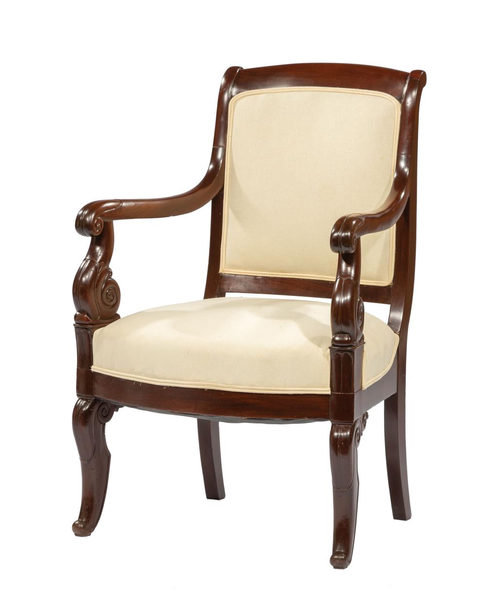 Appraisal: American Classical Carved Mahogany Armchair th c scrolled back lapet-carved