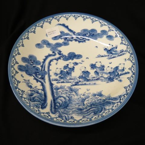 Appraisal: Chinese Blue White Porcelain Bowl signed scene of children foliage