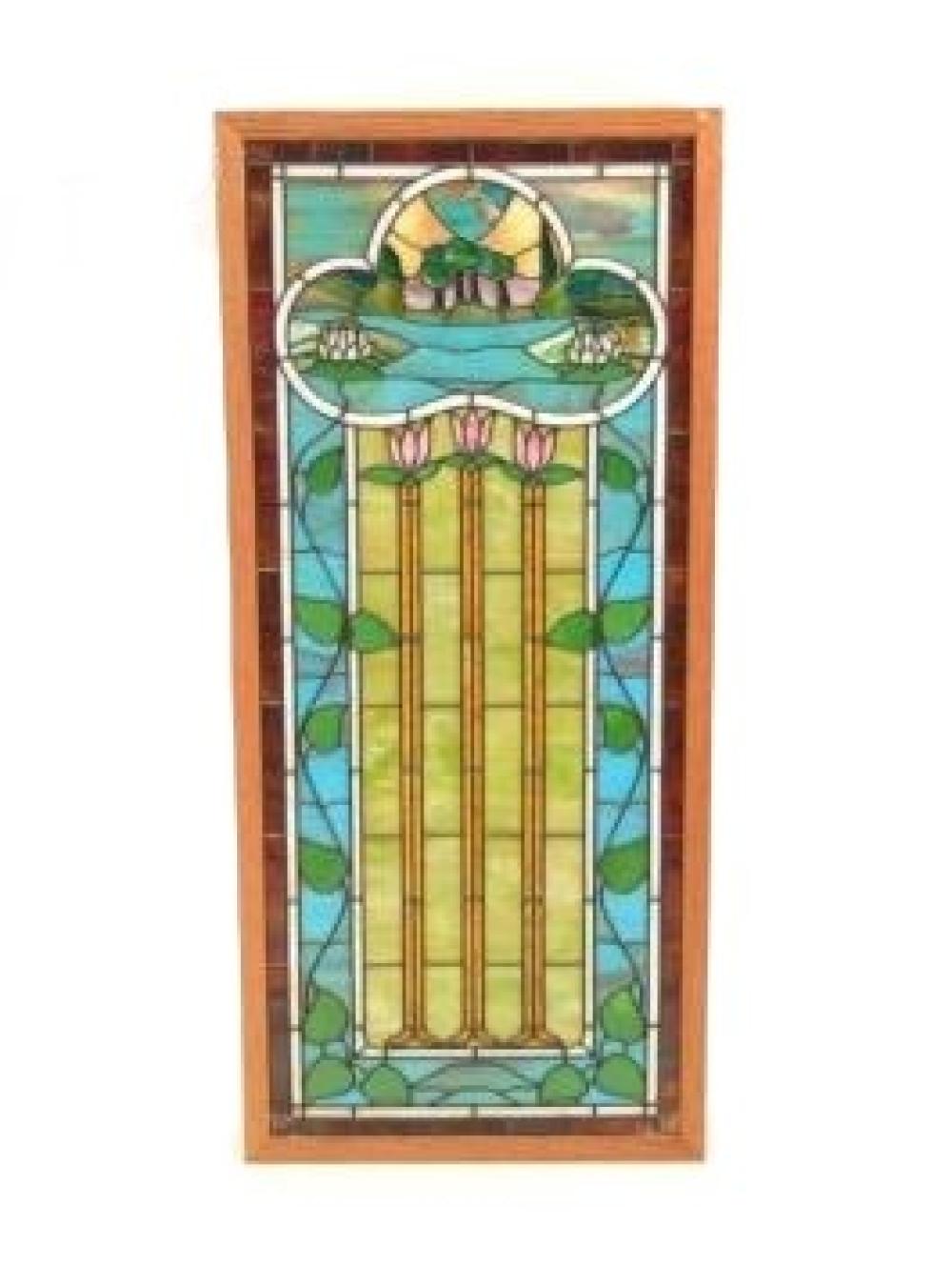 Appraisal: TRANSITIONAL ARTS CRAFTS ART NOUVEAU LARGE COLORFUL STAINED GLASS WINDOW