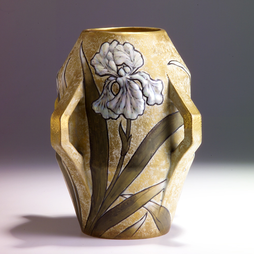 Appraisal: TEPLITZ Four-handled faceted vase enamel-decorated by Paul Dachsel with lustered