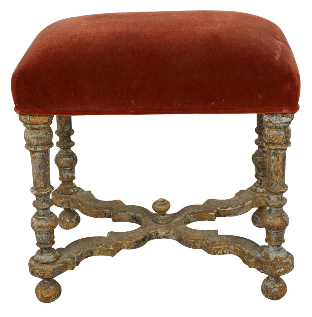 Appraisal: BAROQUE GILTWOOD STOOLcovered with new red mohair Condition heavy wear