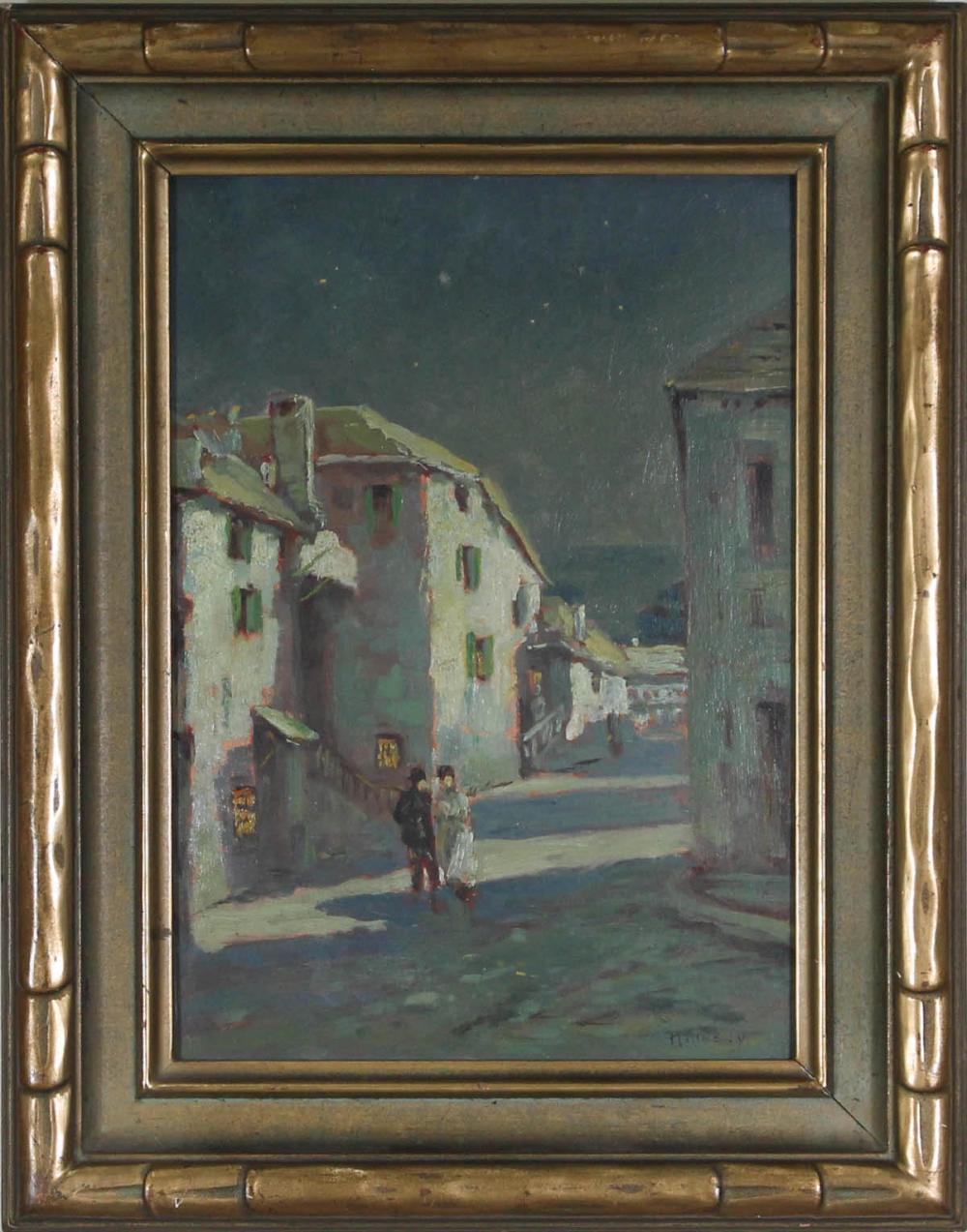 Appraisal: R KINSLEY OIL ON BOARD nocturnal European street scene with