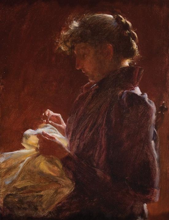 Appraisal: CHARLES COURTNEY CURRAN American - Woman Sewing oil on canvas