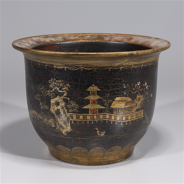 Appraisal: Chinese imitating-lacquer porcelain planter with gilt detail and landscape designs