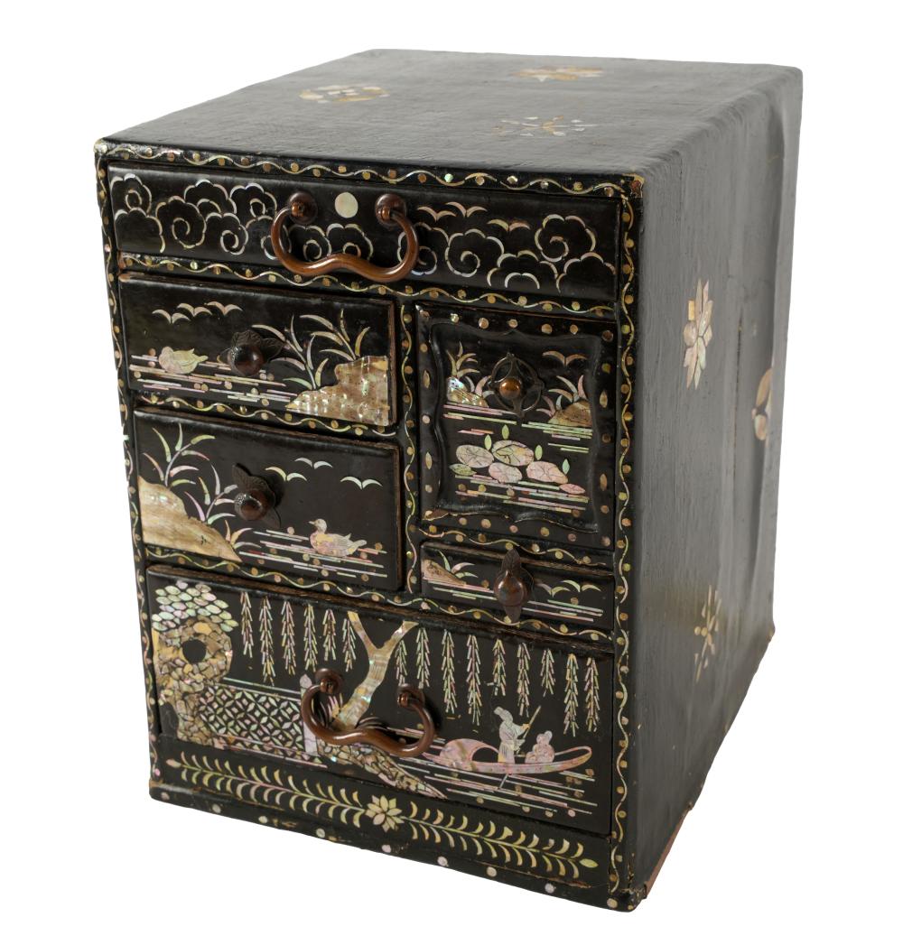 Appraisal: JAPANESE LACQUERED JEWELRY BOXwith mother-of-pearl inlay six drawers Condition cracking