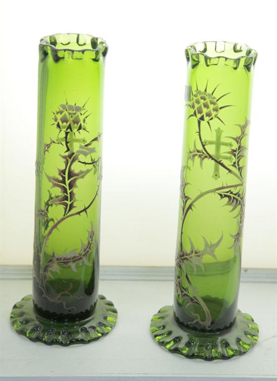 Appraisal: PAIR OF GALLE' DEPOSE' VASES Green glass vases having ruffled