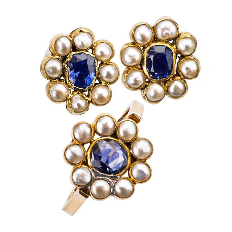 Appraisal: SAPPHIRE PEARL K GOLD RING AND EARRINGS Ring with oval