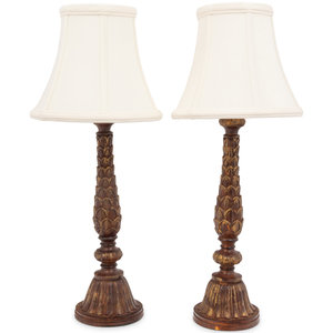 Appraisal: A Pair of Giltwood Table Lamps th Century Height overall