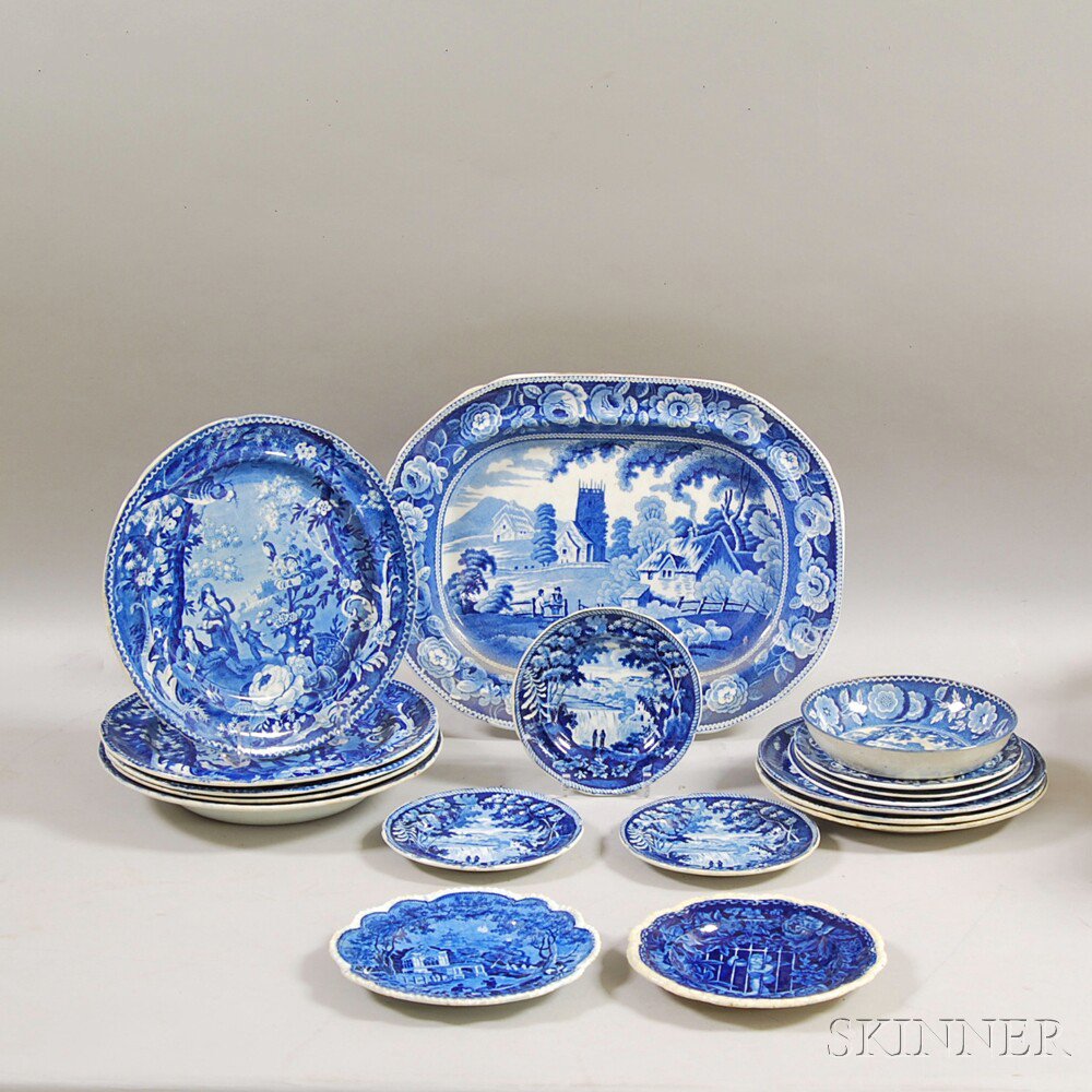 Appraisal: Group of Blue Transfer-decorated Tableware including three Italian Scenery pattern