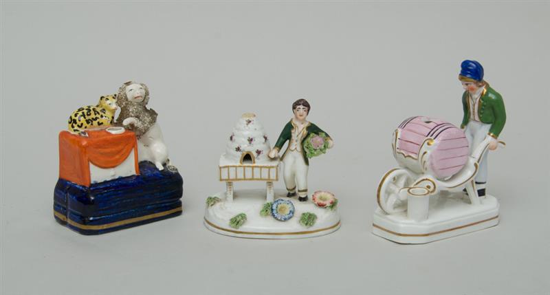 Appraisal: TWO ENGLISH PORCELLANEOUS FIGURES AND A STAFFORDSHIRE INKWELL GROUP The